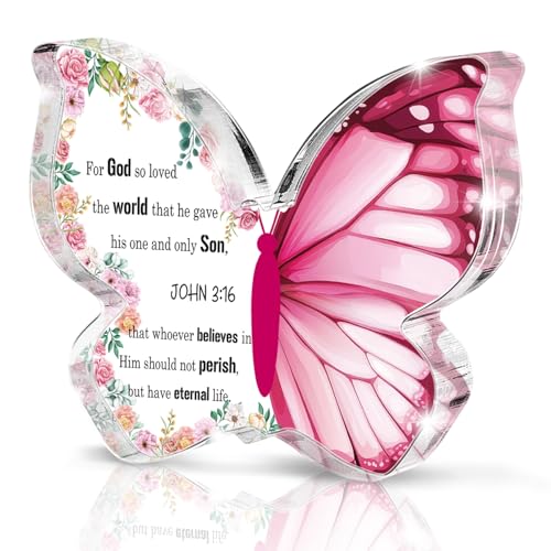 Bible Verse Proverbs 3:16 Sign - Christian Gifts for Women - Butterfly Acrylic Sign Prayer Room Decor - Desk Decor for Home Office Table Shelf Decorations - color: Pink