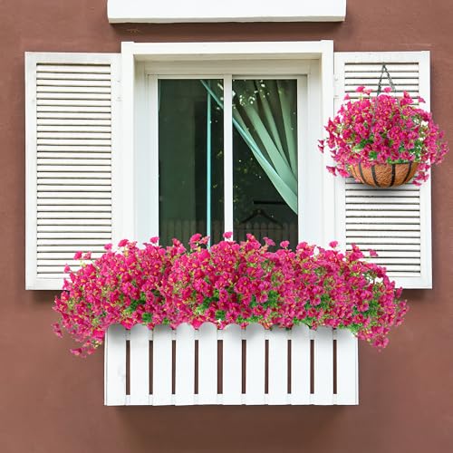 Artificial Flowers for Outdoors 12 Bundles Realistic Faux Plants UV Resistant Fake Silk Morning Glory with Eucalyptus for Front Door Planter Patio Porch Outside Spring Summer Decoration (Magenta) - color: Magenta
