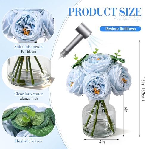 Norme Real to Touch Penoies Artificial Flowers, 6 Pcs Faux Austin Rose in Vase with Big Bloom and Fake Water Real Latex Petals for Wedding Dining Table Centerpiece Home Decor(Light Blue) - color: Light Blue