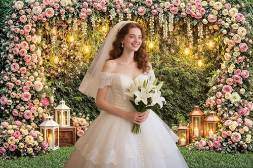 5X3ft Wedding Floral Wall Backdrop Romantic Rose Flower Arch Greenery Lantern Photography Background for Bridal Shower Wedding Birthday Party Photo Booth Props - color: Multi6, size: 5x3ft