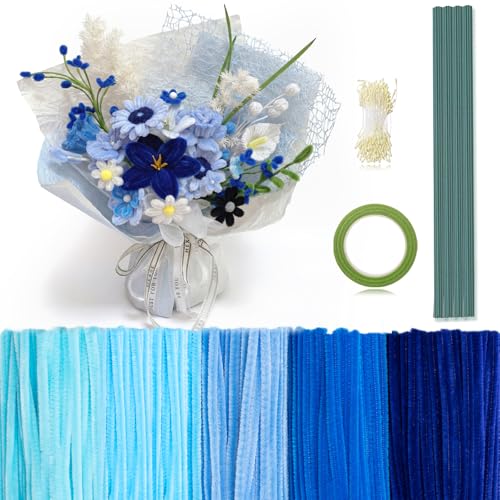 Peryiter 371 Pcs Pipe Cleaners Flowers Kit, Pipe Cleaners Chenille Stems Bulk with Floral Wire Gardening Tape Stamen, Fluffy Limpiapipas para Flores for DIY Mother's Day Decor(Blue) - color: Blue