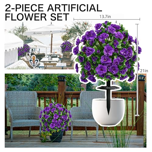 Artificial Flowers for Outdoors, Faux Outdoor Plants Fake Plants Topiary Balls Artificial Outdoor Set of 2 with Ground Spike for Home Front Porch Patio Garden Decor (Purple) - color: Purple