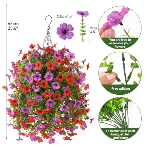 INQCMY Artificial Hanging Flowers with Basket for Spring Outdoor Decoration 3 Bunches of Silk Daisy Flower Uv Resistant for Garden Porch Patio Balcony Yard Decor (Red Purple) - color: Red Purple