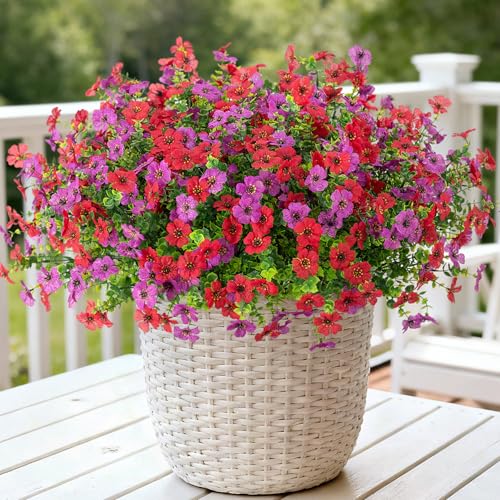 Artificial Fake Flowers Plants for Outdoor Spring Decor, 12 Bundles Faux Silk Flowers for Outdoor Outside Planter Colorful Daisy UV Resistant Look Real for Front Door Porch Patio Yard(Red Purple) - color: Red Purple