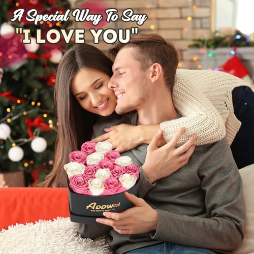 ADDWel Romantic Preserved Roses Bouquet for Her Anniversary, Birthday Flower Gifts for Women, 16-Pieces Eternal Roses with Natural Fragrance in Heart-Shape Box for Wife Girlfriend Mom - color: Pink & White