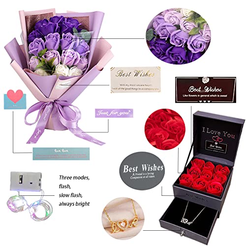 EIGHTOWN Roses Bouquet Fake Artificial Flower - Preserved Red Flowers with Love Necklace for Her - Unique Gifts Valentine's Day, Mother's Day, Thanksgiving, Birthday, Anniversary - color: Purple