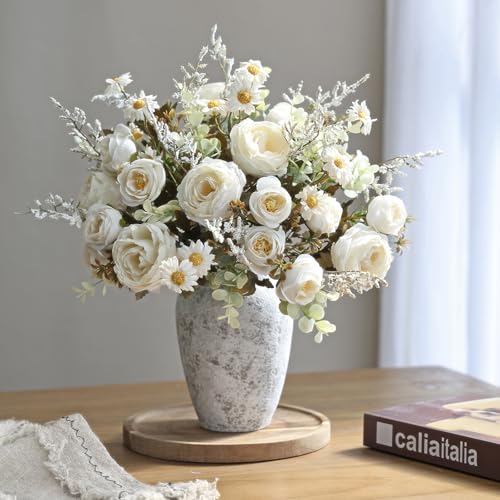 Fake Roses Artificial Flowers 6 Pack White Roses Artificial Flowers for Decoration Vintage Roses Silk Mini Rose with Daisy Floral Bouquet for Vase Centerpiece Table Wedding Party Bridal Decor - color: Cream White, size: 6PCS