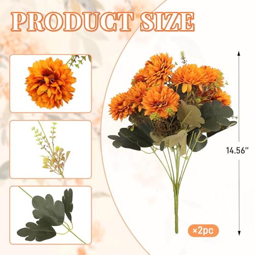 18 Heads Artificial Chrysanthemum Flowers Fake Mums Orange Ball Flowers Bouquet Silk Chrysanthemums Bouquet for Home Indoor Outdoor Table Centerpiece Vase Pots Wedding Decoration, 2 Pcs - color: Orange Chrysanthemum