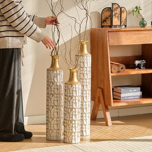 Floor Vases, Tall Home Decor Metal Vase Set of 3 Large Glazed Decorative Vases for Wedding Decor, Elegant Modern Flower Holder for Living Room, Entryway, Hallway - color: Pebble Ivory Gold