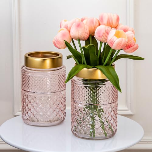 2-Pack Flower Vase Glass, 7.6 '' Pink Fluted Vase with Golden Metal Top, Valentine's Day Stylish Decorative Vases for Tabletop Centerpiece, Kitchen, Living Room, Bedroom, Bathroom, Gift for Mom - color: Pink