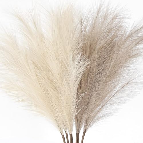 ZIFTY 7-Pcs 38"/3.1FT Faux Pampas Grass Large Tall Fluffy Artificial Fake Flower Boho Decor Bulrush Reed Grass for Vase Filler Farmhouse Home Wedding Decor (Beige&Taupe) - color: Beige & Taupe, size: 38in 7pcs
