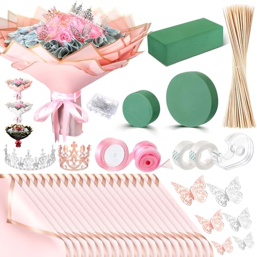 XunYee Bouquet Kit 20 Sheet Flower Wrapping Paper 100 Pcs Bamboo Skewers Floral Foam Blocks for Anniversary Birthday Gift Graduation Mother's Day(Pink) - color: Pink