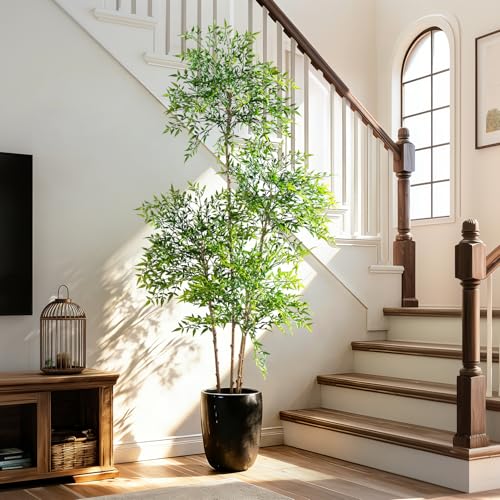 Big Fake Nandina Trees Plastic plantas Large Artificial Tree Indoor Outdoor Realistic Floor Plants Faux Bamboo Plant for Home Living Room Corner Office Patio Porch Bonsai Decor Housewarming Gift - color: Green, size: 6ft 7in