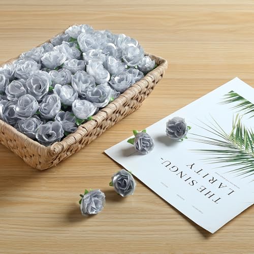 SITUMEIZI 100 Pcs 1.3 inches Mini Silver Rose Head Artificial Roses Fake Silk Silver Flower for Wedding Decor, Graduation Cap, Cake, DIY Flower Wall Mother's Day Home Party Decor - color: Silver