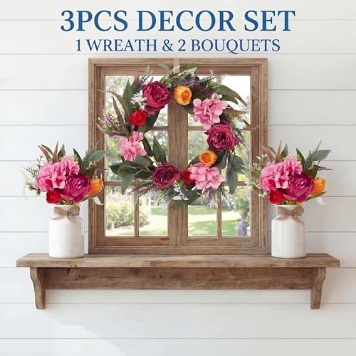 Garvee Spring Wreaths for Front Door Set, 18" Artificial Spring Summer Wreath with 2 Matching Flower Bouquets, Peony Tulip Hydrangea Floral Wreath, Farmhouse Front Door Decor for Indoor Outdoor