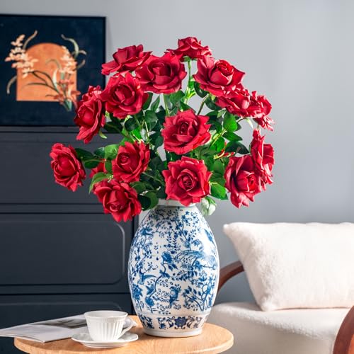 Artificial Flowers Artificial Roses Fake Roses 20PCS Long Stem Artificial Flowers for Tall Vase Silk Rose Suitable for Indoor Wedding Party Decor Valentine's Day DIY Bouquet Spring,Red, 23.2In - color: Red