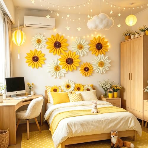 EASY JOY 9PCS Sunflower Party Decorations Sunflower Paper Fans Yellow Birthday Decorations Hanging Paper Flower Fan for Women for Summer Baby Shower Bulletin Board Decorations - color: Flower-6
