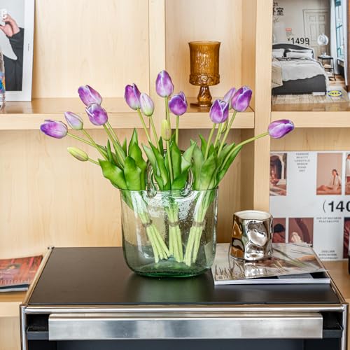 Artificial Tulips Flowers,Soft Touch Latex Bouquet, Fake Tulips,Spring Wedding Home Room Table Centerpiece Decor - color: Amethyst(no Vase)