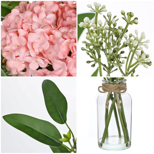 Hollyone Pink Hydrangea Artificial Flowers in Clear Glass Vase with Faux Water Silk Hydrangeas Fake Flowers Floral Arrangement for Home Bathroom Kitchen Office Table Centerpiece Shelf Decorations - color: Pink