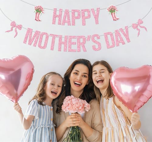 Pink Glitter Happy Mother's Day Banner, Feliz Dia Mama/Best Mom Ever, Bowties Tulip Bouquet Mother's Day Mother's Birthday Party Decorations Supplies