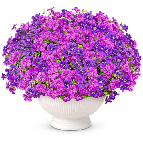 Artificial Flowers for Outdoors UV Resistant, 12 Bundles Realistic Faux Daisy with Eucalyptus Leaves Fake Plants for Porch Patio Planter Garden Decoration (Deep Purple Light Purple) - color: Purple Light Purple