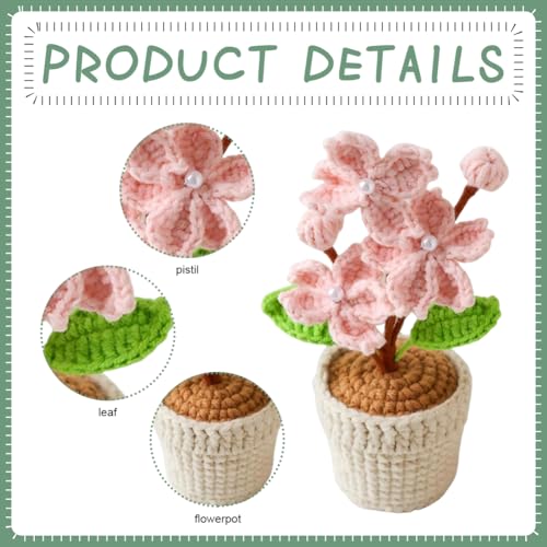 2 Pieces Mini Crochet Cherry Blossoms Potted Plants, Handmade Knitted Fake Cherry Blossom Flower with Planter for Bathroom Home Kitchen Rustic Table Centerpiece Decor, Pink - color: Pink