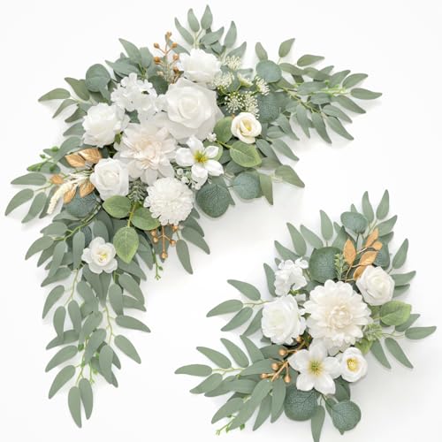 Faux Flower Swag Set of 2 for Wedding Welcome Signs Floral Swag Wedding Reception Ceremony Signs Decor (A-White) - color: A-white