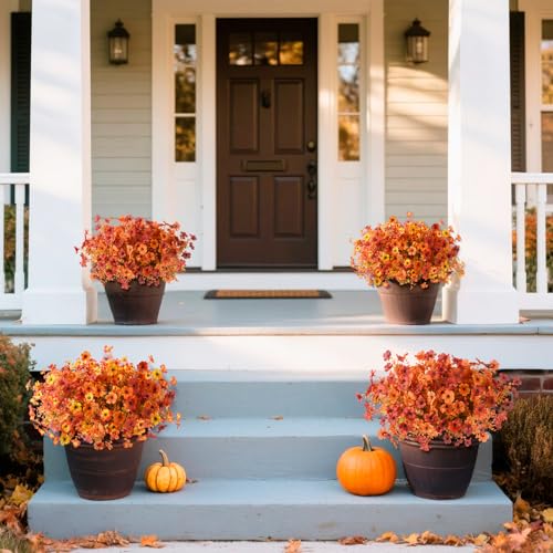 Artificial Fall Flowers for Outdoor, 12 Bundles 4 Colors Faux Mums Fake Fall Plants for Decoration, UV Resistant No Fade Silk Plastic Flower for Autumn Porch Patio Planters Windowbox Yard Garden - color: Orange,golden,autumn Sunset Red