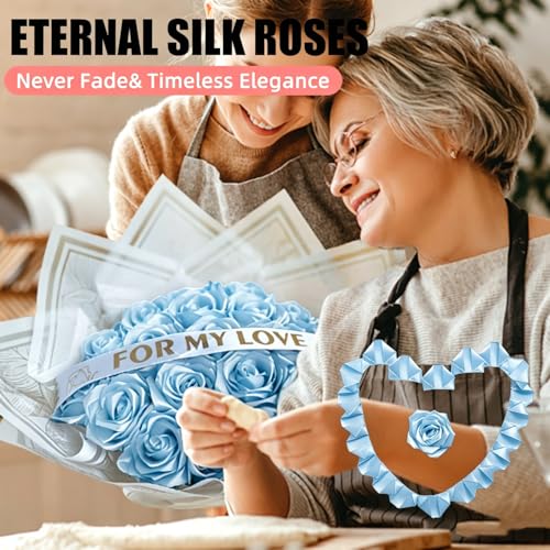 300Pieces Premade Satin Ribbon Rose Petals Half-Finished for Eternal Rose DIY Ramos Forever Flowers Bouquets Everlasting Floral,for Wedding,Anniversary,Engagment (300 Pcs Blue) - color: 300 Pcs Blue