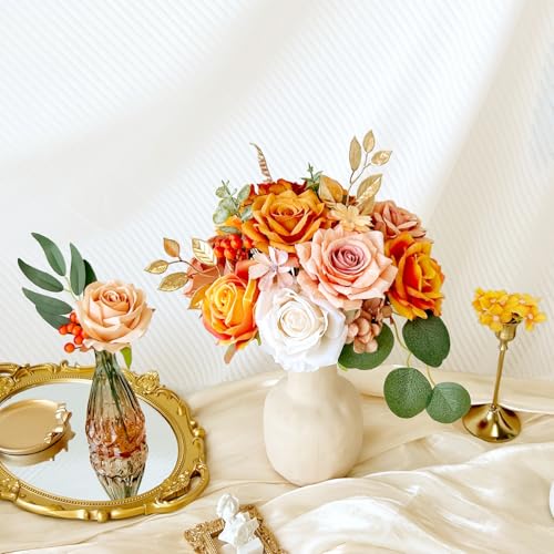 Artificial Flowers Combo Box Silk Burnt Orange Roses with Stems Sunset Terracotta DIY Bridal Wedding Bouquets Fall Boho Cake Fake Floral Arrangements Baby Shower Party Table Centerpieces Home Decor - color: Burnt Orange, Terracotta