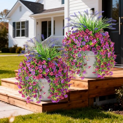 Artificial Fake Hanging Flowers Plants for Outdoor Outside Decoration, Faux Silk Daisy Flower Realistic UV Resistant for Front Porch Patio Balcony Garden Yard Indoor Planter Home Decor(Purple Pink) - color: Purple Fuchsia