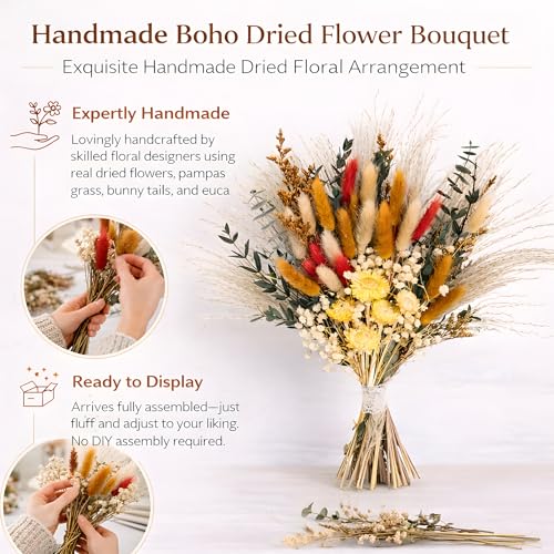 Handmade Bohemian Dried Flower Bouquet – Spring Summer Flowers Arrangement with Strawflower, Pampas Grass, Bunny Tails & Eucalyptus – Rustic Farmhouse, Shelf, Dining Table & Home Decor