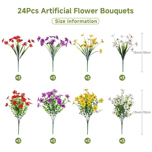 Alupssuc 24 Bundles Artificial Flowers for Outdoors Decoration, UV Resistant Silk Faux Floral Spring Fake Plastic Plants Greenery for Outside Indoor Home Porch Window Planter Decor, Mix 4 Colors - color: Red Purple Yellow White