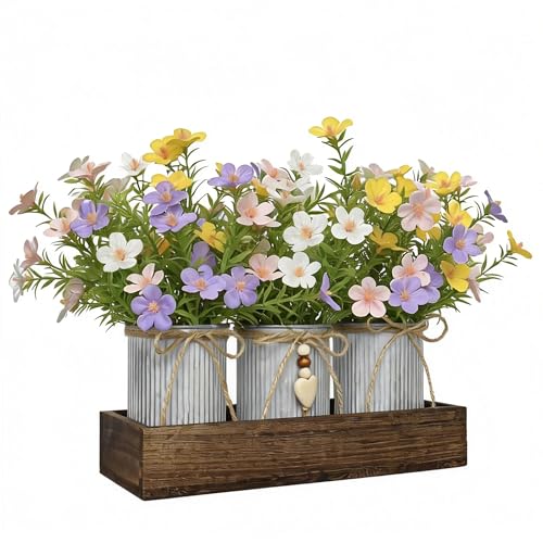 Artificial Gypsophila Baby's Breath, Rustic Table Centerpieces Home Decor for Dining Room, Farmhouse Wood Planter Box with 3 Galvanized Metal Pots Decorative Table Centerpiece - style: Milan Flowers