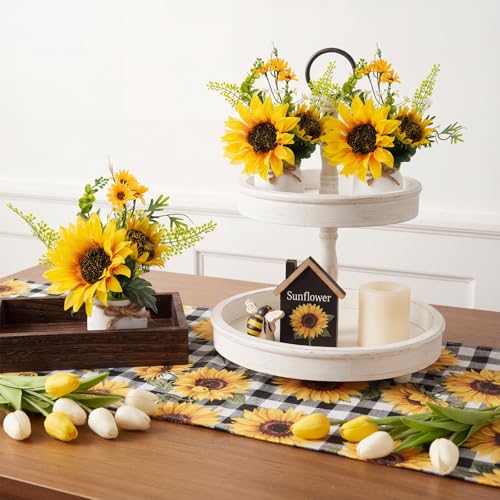 AceOrbit 3 Pcs Artificial Sunflower Potted Plants with Wood Tray Farmhouse Faux Sunflowers for Kitchen Table Centerpieces Fake Yellow Flowers in Rustic Pots for Dining Home Bathroom Wedding (Classic) - style: Classic