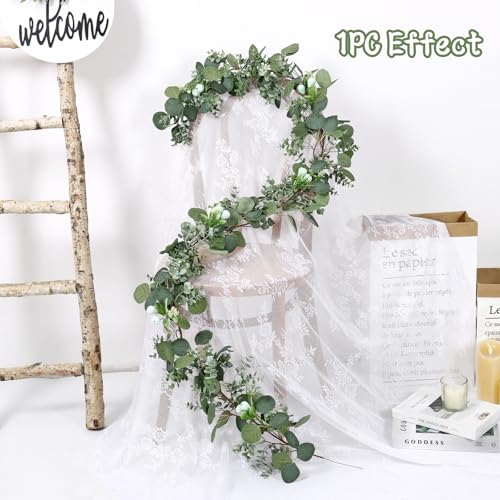 DEMIUKO 2PCS Artificial Eucalyptus Garland, 5.9FT Faux Greenery Garland with Silver Dollar Eucalyptus Leaves Fake Hanging Vines Summer Garlands for Wedding Arch Backdrop Table Wall Party Home Decor - size: 2PCS