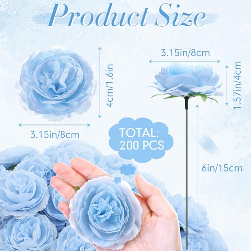 Thiccywoov 200 Pcs Flowers Long Stem Artificial Rose Bulk, 3.2 Inches Silk Rose Head Flowers Faux for Wedding Bridal Bouquet Independence Day Home Floral DIY Centerpieces Party Decoration (Light Blue) - color: Light Blue
