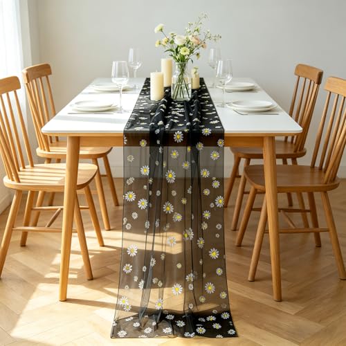 Daisy Gauze Table Runner 120 Inch 10FT, Floral Flower Tulle Table Runner Seasonal Kitchen Dining Table Decorations for Party Wedding Christmas Holiday Birthday (Black) - color: Black