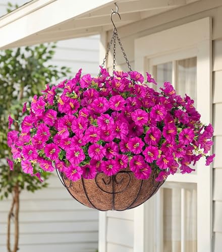 Artificial Fake Hanging Flowers Plants Baskets for Outdoor Spring Summer Decoration, Faux Silk Morning Glory in Planter UV Resistant Realistic for Home Outside Porch Patio Balcony Garden Yard, Fuchsia - color: B Fuchsia