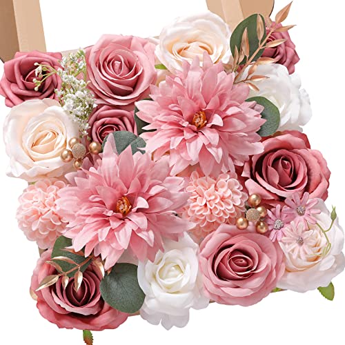 Serwalin Artificial Flowers Wedding Pink Flowers Silk Fake Dahlia Cake Flowers for Wedding Bouquets Table Centerpieces Birthday Party Bridal Baby Shower Home Decorations - color: A Athens Pink Dahlia, size: 1 Box