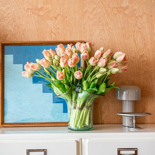 DUYONE 60pcs Artificial Tulips Flowers,Soft Touch Latex Bouquet,Fake Tulips for Office Wedding Party Home Kitchen Garden Decoration - color: 60pcs Pinkchampagne (No Vase)