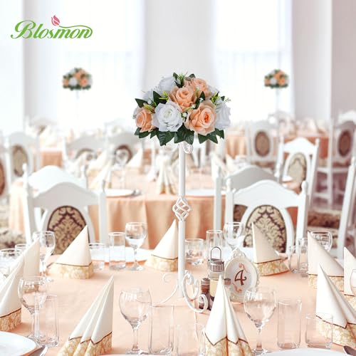 BLOSMON Flower Balls for Wedding Centerpieces: 10pcs 9.5 Inch Fake Rose | Peach Fuzz Kissing Balls Floral Arrangement for Table - Artificial Silk Bouquet with Base for Home Party DIY Decoration - color: Peach Fuzz & White