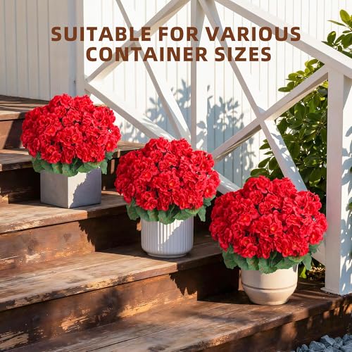 Geraniums Artificial Flowers for Outdoors, 2 Pack Potted Plants Red Faux Geraniums Bush Artificial Topiaries Realistic UV Resistant Fake Flowers Plants for Planters Outside Gardens Front Door Indoor - color: Red