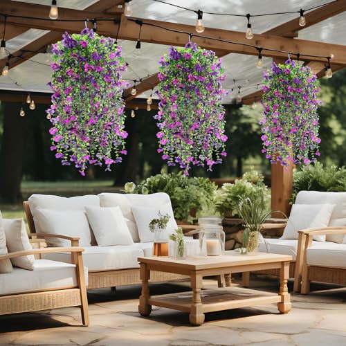 6 Pcs Spring Artificial Hanging Flowers Outdoor Faux Silk Mum Plant Decor Violet with Eucalyptus Realistic UV Resistant Trailing Vine Spring Porch Yard(Purple,Violet) - color: Purple, style: Violet
