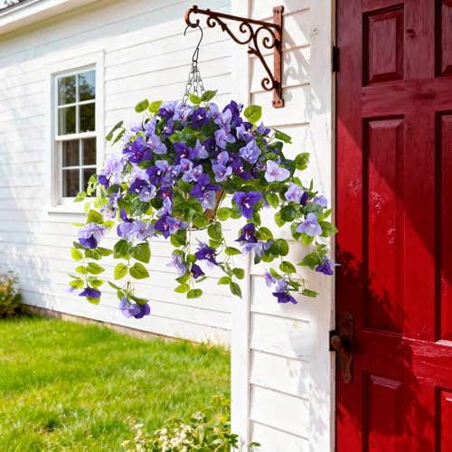 Homsunny Artificial Fake Hanging Flowers Plants Basket for Outdoor Decoration, Faux Silk Flower Bougainvillea Planter Look Real UV Resistant for Home Porch Patio Balcony Yard Spring Decor(Purple) - color: Double Purple
