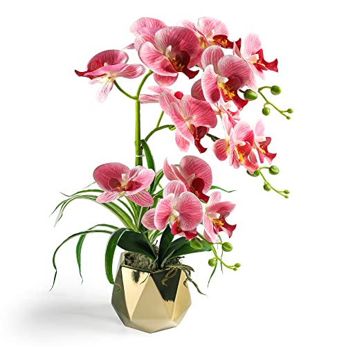 Orchids Artificial Flowers, Pink with Gold Vase | Fake Orchid Plants, Faux Orchid in Pot, Home Decor Indoor - color: Pink-gold