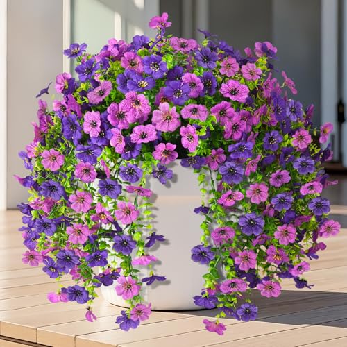 INQCMY 2Pcs Artificial Fake Hanging Flowers for Outdoors UV Resistant Artificial Plants for Spring Summer Decor Look Real Faux Flowers for Outside Home Planter Porch Patio Decor - color: Purple1