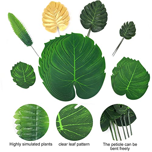 RECUTMS Artificial Tropical Palm Leaves 72Pcs 7 Kinds Green Gold Fake Monstera Leaf with Stem for Safari Jungle Hawaiian Luau Beach Baby Shower Wedding Birthday Party Table Summer Spring Decoration - color: Green & Gold