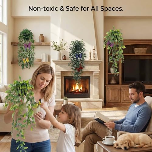 3 Pack Fake Plants Indoor Outdoor with 6 Butterflies – Small Artificial Potted Hanging Plants for Shelf, Balcony, Patio & Wall Decor | Faux Plants for Living Room, Bedroom, Office, Porch - size: 3-pack-3in1