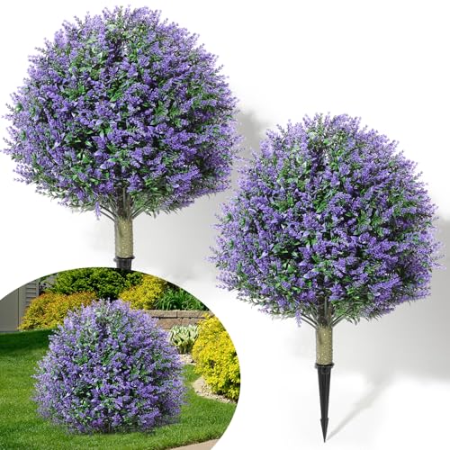 Lunmon 2 Pack 24" Artificial Topiary Ball Plants Trees with Flowers, Outdoor Fake Topiary Plants with Ground Spike, UV Resistant Faux Bushes for Indoor Outdoor Front Door Decor(Purple,Rose) - color: Purple, style: Rose
